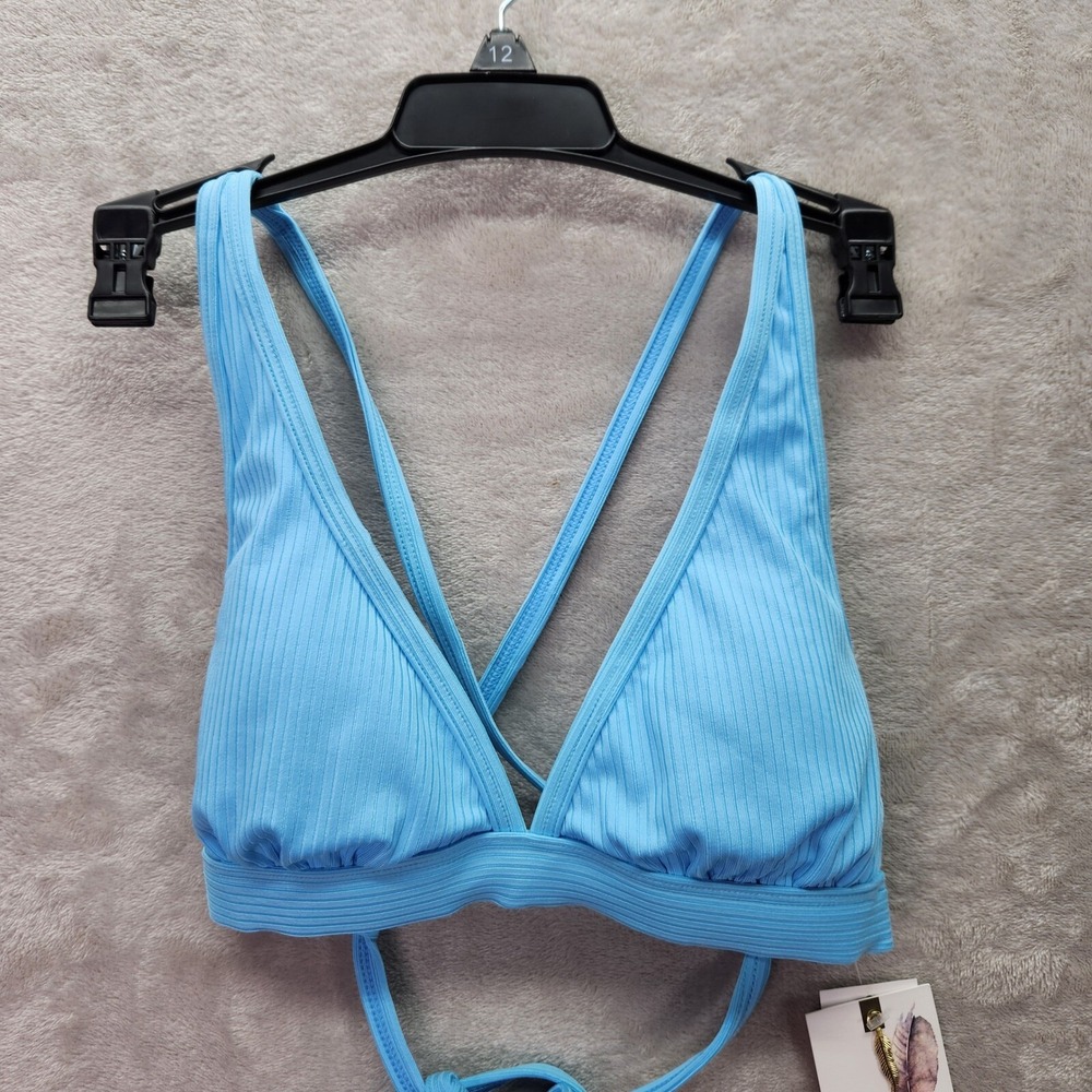 Jessica Simpson Bikini Top Size S X-Back Ribbed Swimsuit Criss Cross Sky Blue‎